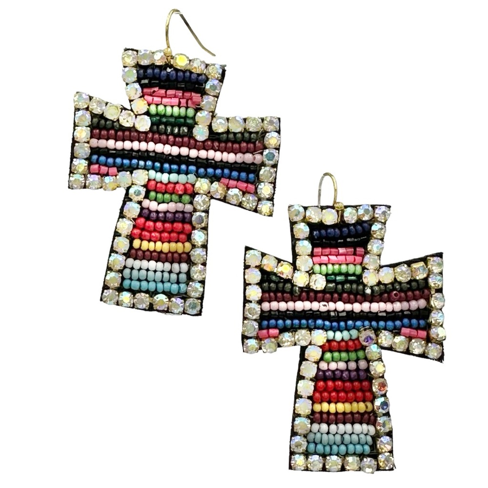 Christian Cross Shape Seed Bead Multicolor Statement Dangle Earrings